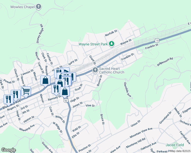 map of restaurants, bars, coffee shops, grocery stores, and more near 205 Wyoming Street in Bluefield