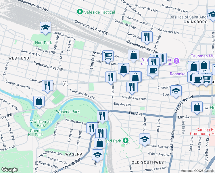 map of restaurants, bars, coffee shops, grocery stores, and more near 820 Campbell Avenue Southwest in Roanoke
