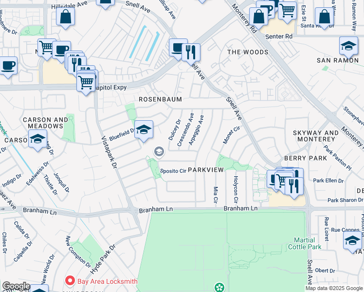 map of restaurants, bars, coffee shops, grocery stores, and more near 4354 Crescendo Avenue in San Jose