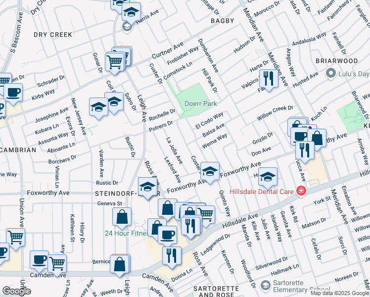 map of restaurants, bars, coffee shops, grocery stores, and more near 1798 Balsa Avenue in San Jose