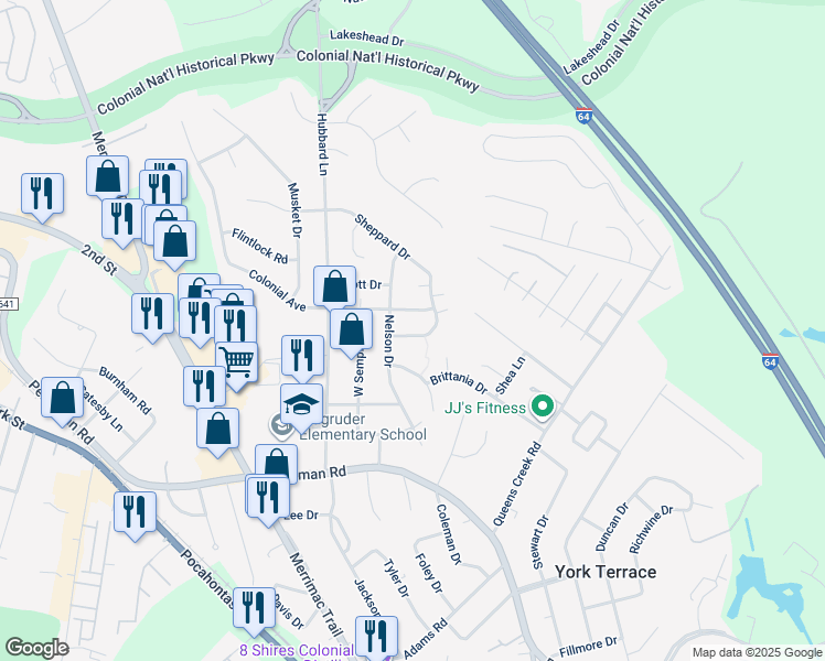 map of restaurants, bars, coffee shops, grocery stores, and more near 106 Sheppard Drive in Williamsburg