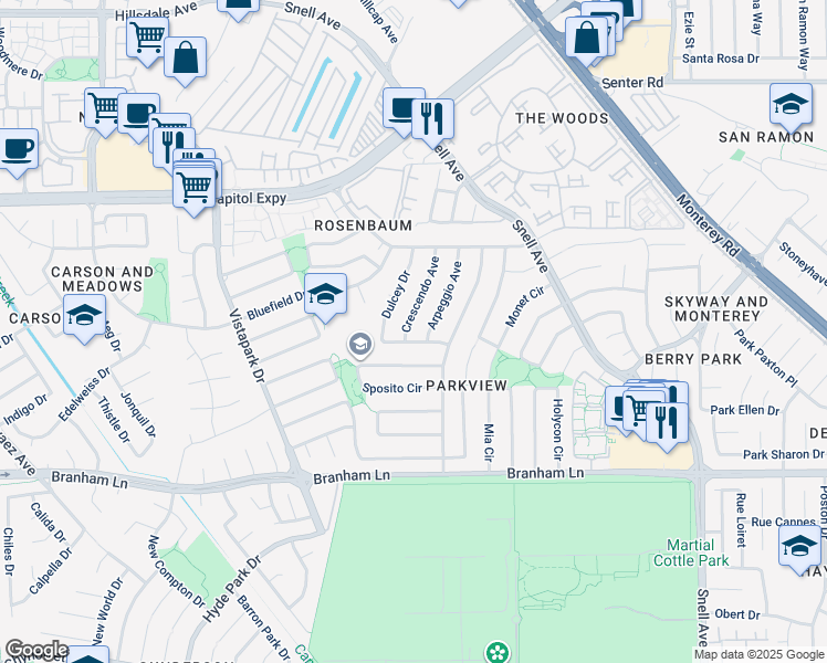 map of restaurants, bars, coffee shops, grocery stores, and more near 4354 Crescendo Avenue in San Jose