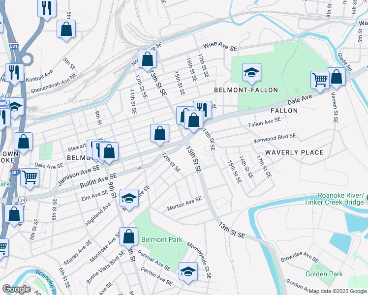 map of restaurants, bars, coffee shops, grocery stores, and more near 909 13th Street Southeast in Roanoke