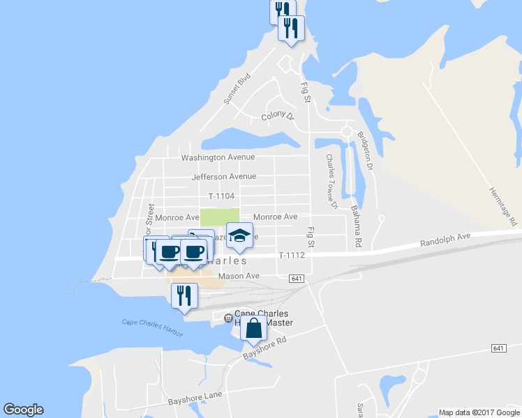 map of restaurants, bars, coffee shops, grocery stores, and more near 535 Monroe Avenue in Cape Charles