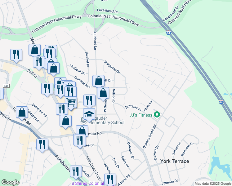 map of restaurants, bars, coffee shops, grocery stores, and more near 137 Nelson Drive in Williamsburg