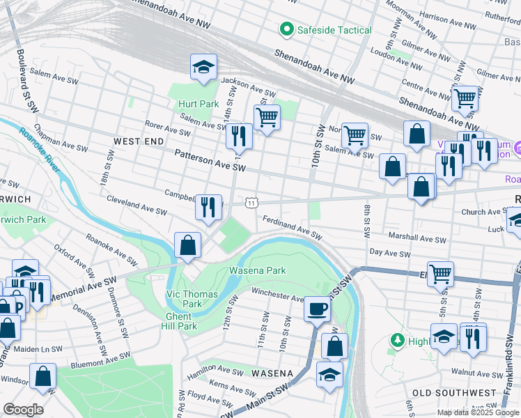 map of restaurants, bars, coffee shops, grocery stores, and more near 606 12th St SW in Roanoke
