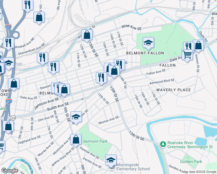 map of restaurants, bars, coffee shops, grocery stores, and more near 830 13th Street Southeast in Roanoke