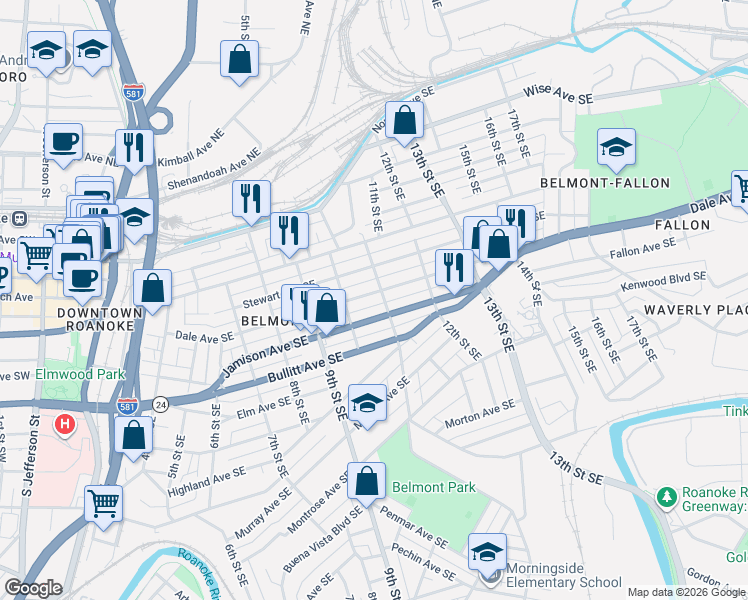 map of restaurants, bars, coffee shops, grocery stores, and more near 519-559 11th Street Southeast in Roanoke
