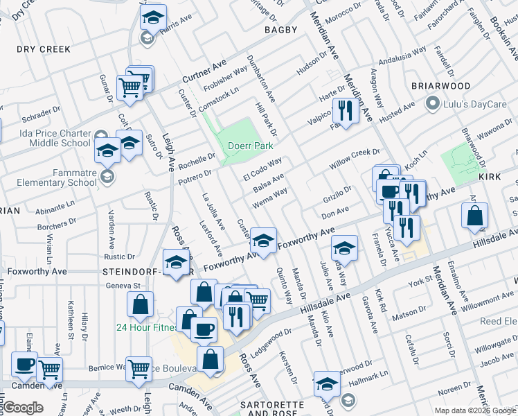 map of restaurants, bars, coffee shops, grocery stores, and more near 1786 Wema Way in San Jose