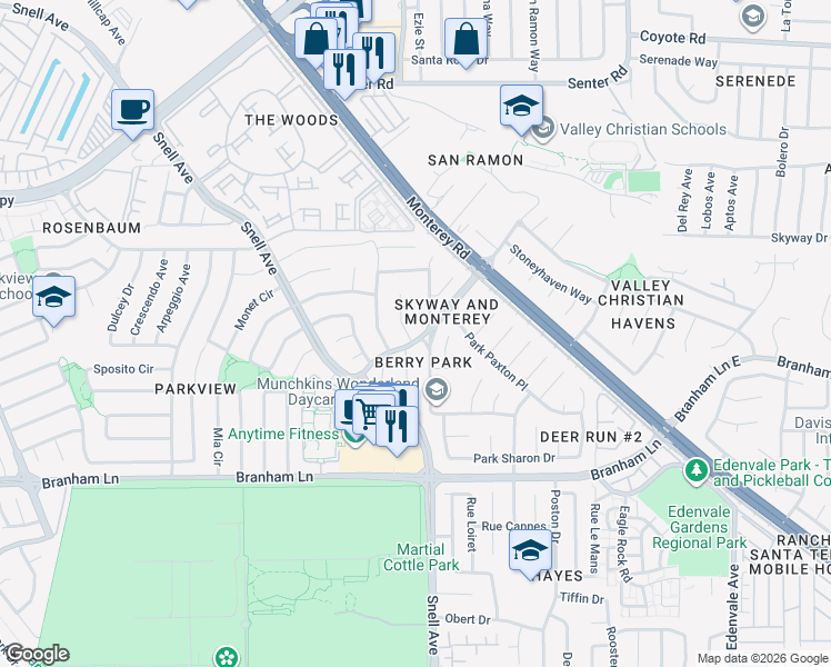 map of restaurants, bars, coffee shops, grocery stores, and more near 4448 Pitch Pine Court in San Jose