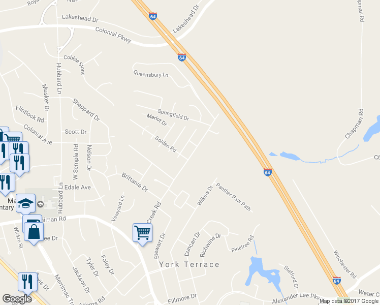 map of restaurants, bars, coffee shops, grocery stores, and more near 473 Queens Creek Road in Williamsburg