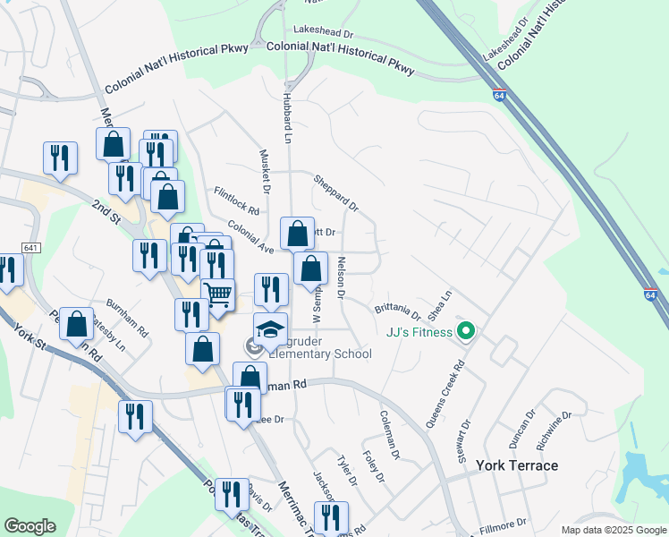 map of restaurants, bars, coffee shops, grocery stores, and more near 137 Nelson Drive in Williamsburg