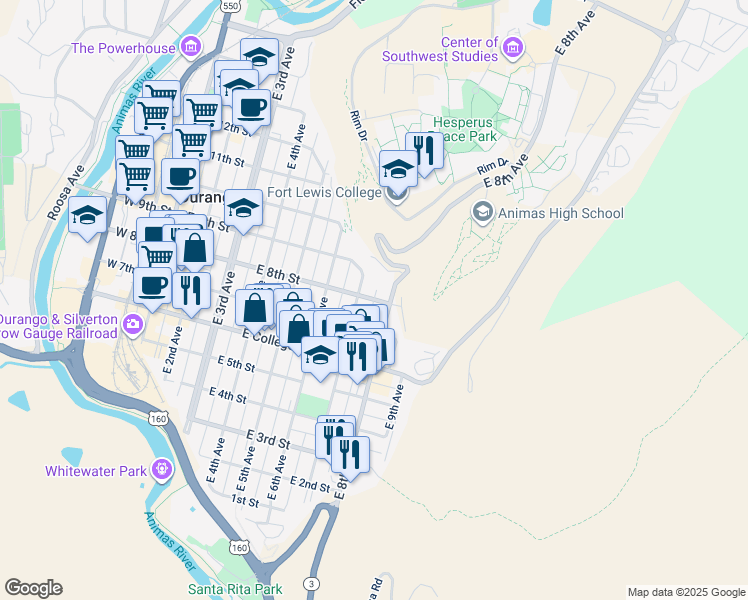 map of restaurants, bars, coffee shops, grocery stores, and more near 722 East 8th Street in Durango