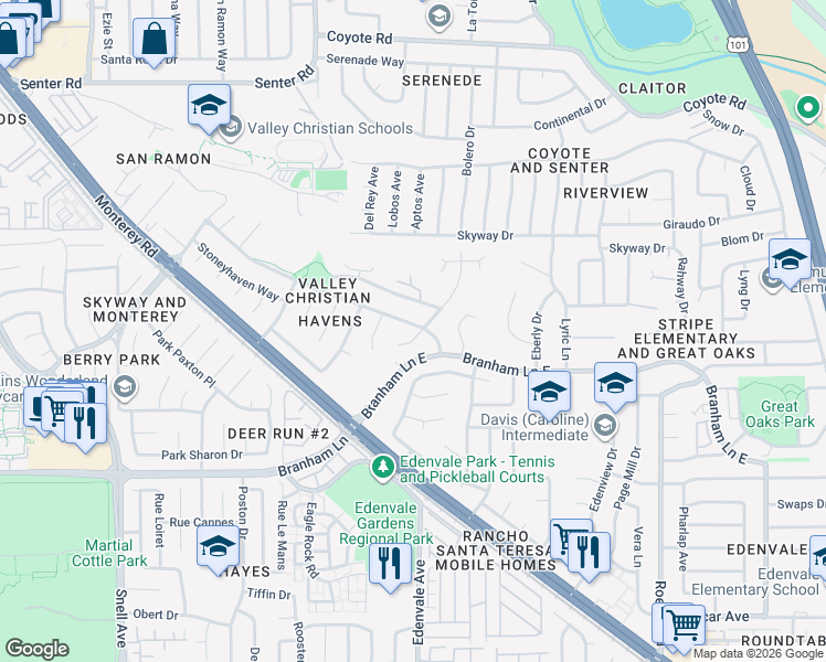map of restaurants, bars, coffee shops, grocery stores, and more near 129 Springhaven Court in San Jose