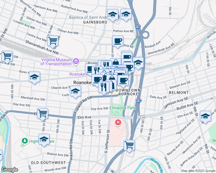 map of restaurants, bars, coffee shops, grocery stores, and more near 10 Church Avenue Southwest in Roanoke