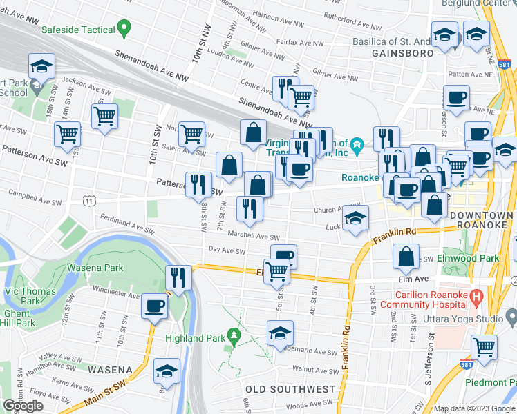 map of restaurants, bars, coffee shops, grocery stores, and more near 541 Luck Avenue Southwest in Roanoke