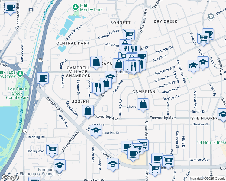 map of restaurants, bars, coffee shops, grocery stores, and more near 2819 Lantz Avenue in San Jose