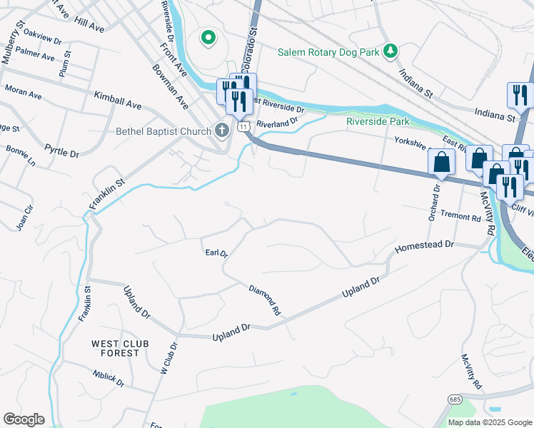 map of restaurants, bars, coffee shops, grocery stores, and more near 525 Diamond Road in Salem