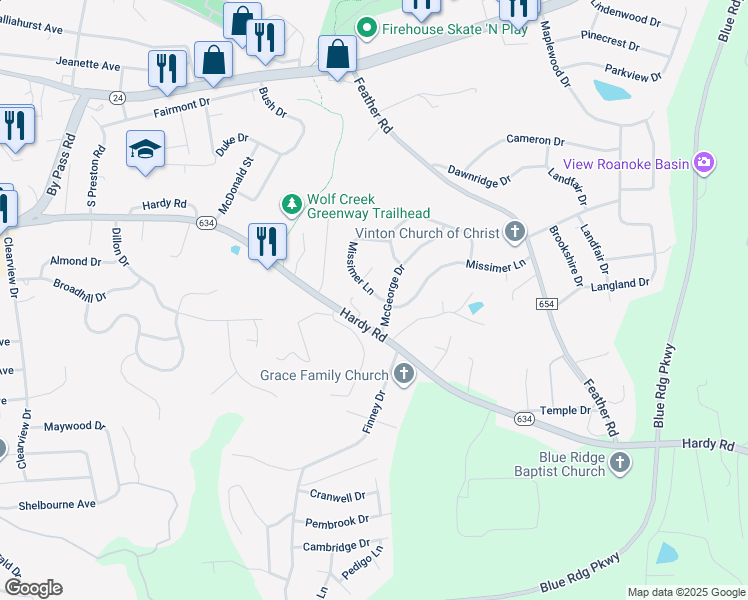 map of restaurants, bars, coffee shops, grocery stores, and more near 517 Missimer Lane in Vinton