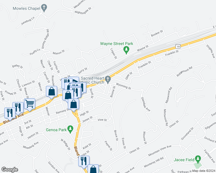 map of restaurants, bars, coffee shops, grocery stores, and more near 205 Wyoming Street in Bluefield