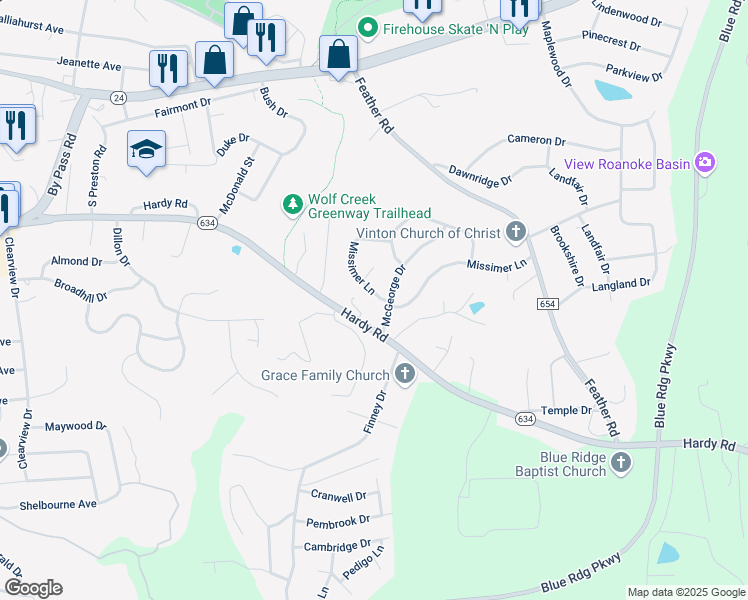 map of restaurants, bars, coffee shops, grocery stores, and more near 517 Missimer Lane in Vinton