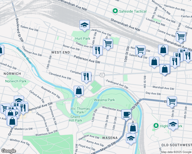 map of restaurants, bars, coffee shops, grocery stores, and more near 1230 Campbell Avenue Southwest in Roanoke