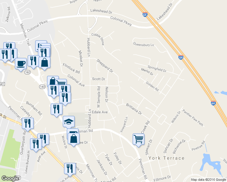 map of restaurants, bars, coffee shops, grocery stores, and more near 106 Sheppard Drive in Williamsburg