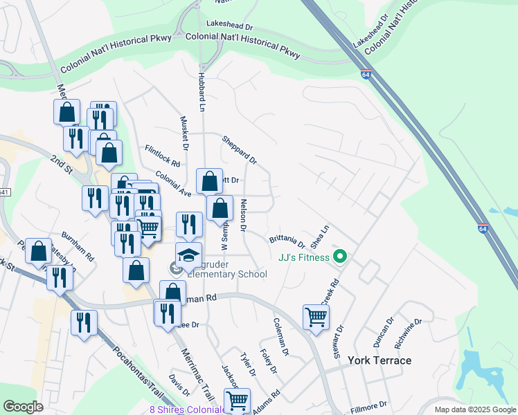 map of restaurants, bars, coffee shops, grocery stores, and more near 137 Nelson Drive in Williamsburg