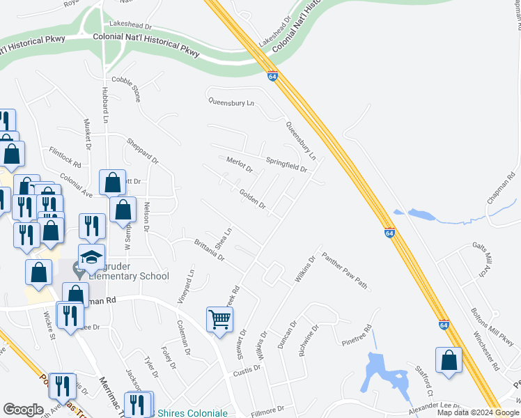 map of restaurants, bars, coffee shops, grocery stores, and more near 101 Sonoma Court in Williamsburg
