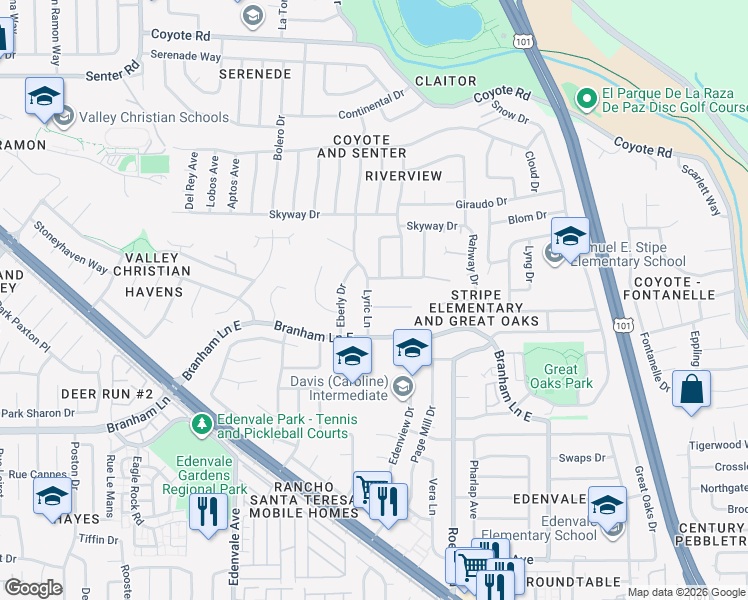 map of restaurants, bars, coffee shops, grocery stores, and more near 305 Otono Court in San Jose