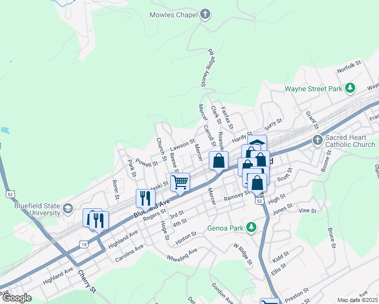 map of restaurants, bars, coffee shops, grocery stores, and more near 398 Peck Street in Bluefield