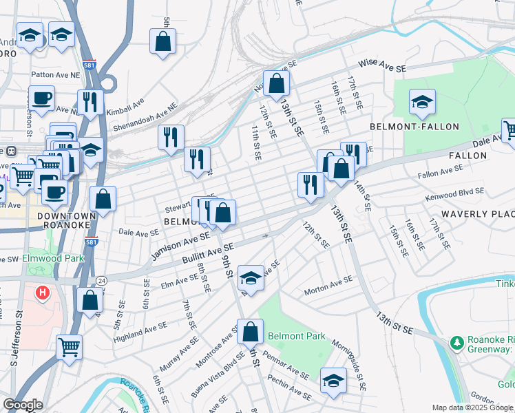 map of restaurants, bars, coffee shops, grocery stores, and more near 519-559 11th Street Southeast in Roanoke