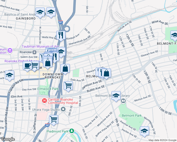 map of restaurants, bars, coffee shops, grocery stores, and more near 712 Stewart Avenue Southeast in Roanoke