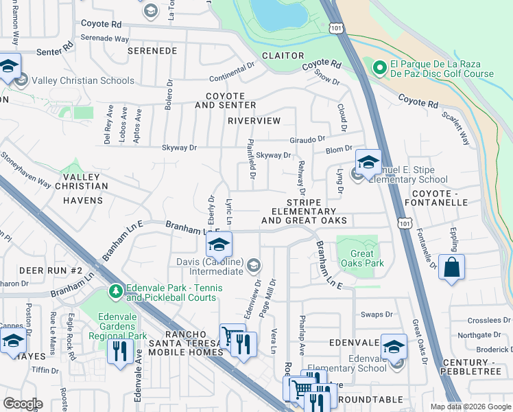 map of restaurants, bars, coffee shops, grocery stores, and more near 355 Otono Court in San Jose