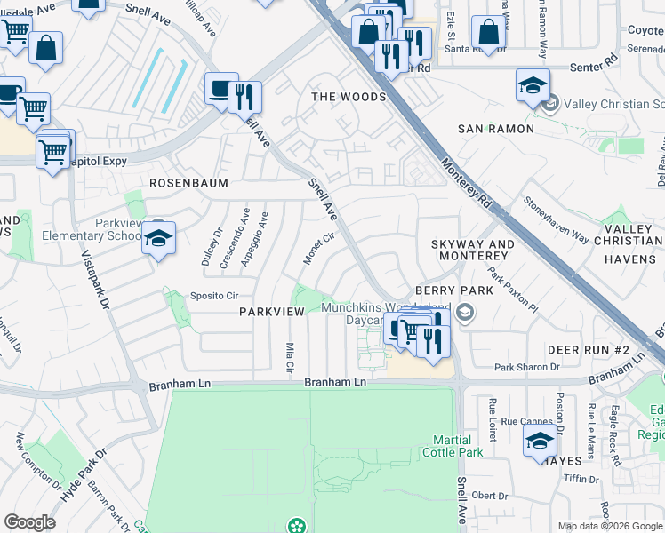 map of restaurants, bars, coffee shops, grocery stores, and more near 4274 Sayoko Circle in San Jose