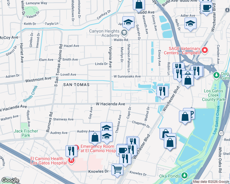 map of restaurants, bars, coffee shops, grocery stores, and more near 1115 Fairlands Court in Campbell