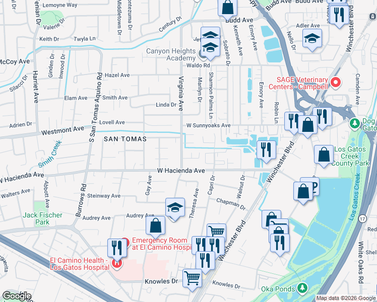map of restaurants, bars, coffee shops, grocery stores, and more near 1115 Fairlands Court in Campbell