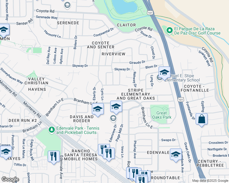 map of restaurants, bars, coffee shops, grocery stores, and more near 355 Otono Court in San Jose