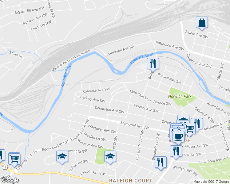 map of restaurants, bars, coffee shops, grocery stores, and more near 2353 Mountain View Terrace Southwest in Roanoke