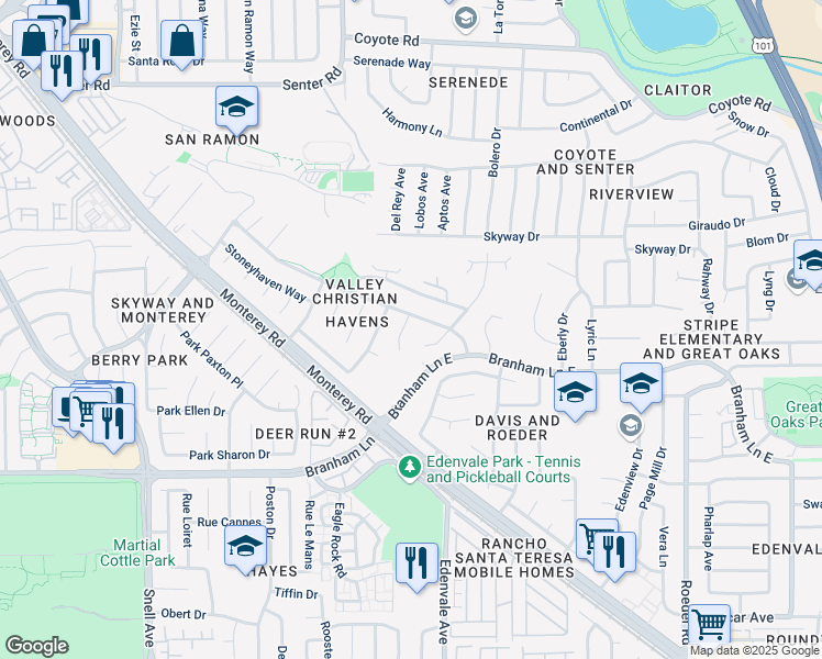 map of restaurants, bars, coffee shops, grocery stores, and more near 118 Aberhaven Court in San Jose
