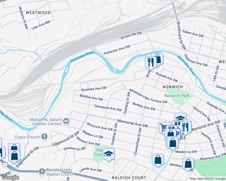 map of restaurants, bars, coffee shops, grocery stores, and more near 2353 Mountain View Terrace Southwest in Roanoke