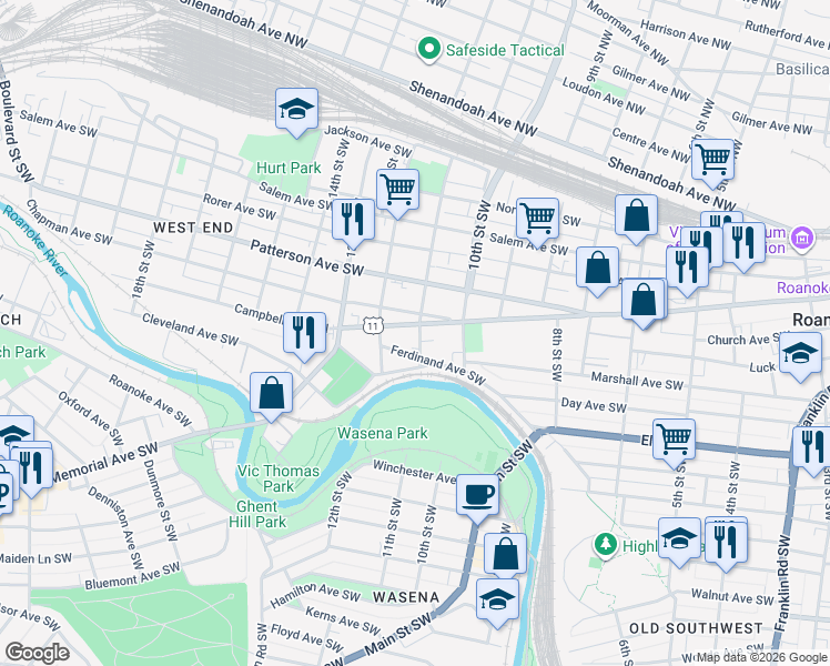 map of restaurants, bars, coffee shops, grocery stores, and more near 1034 Campbell Avenue Southwest in Roanoke