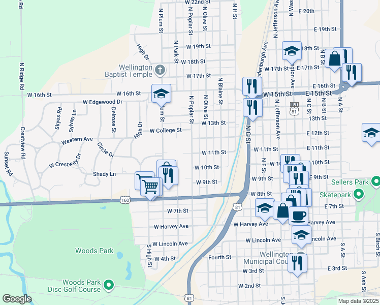 map of restaurants, bars, coffee shops, grocery stores, and more near 600 North Poplar Street in Wellington