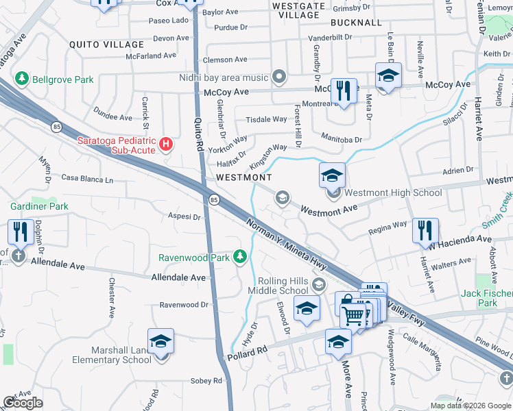 map of restaurants, bars, coffee shops, grocery stores, and more near 5062 Pinetree Terrace in Campbell