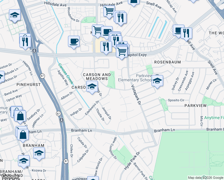map of restaurants, bars, coffee shops, grocery stores, and more near 453 Edelweiss Drive in San Jose