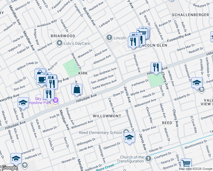 map of restaurants, bars, coffee shops, grocery stores, and more near 1532 Santa Monica Avenue in San Jose