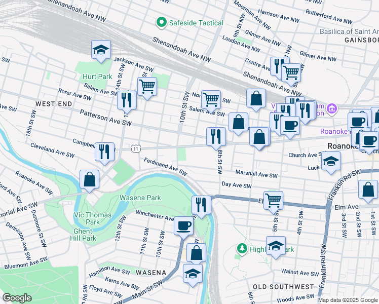 map of restaurants, bars, coffee shops, grocery stores, and more near 846 Campbell Avenue Southwest in Roanoke