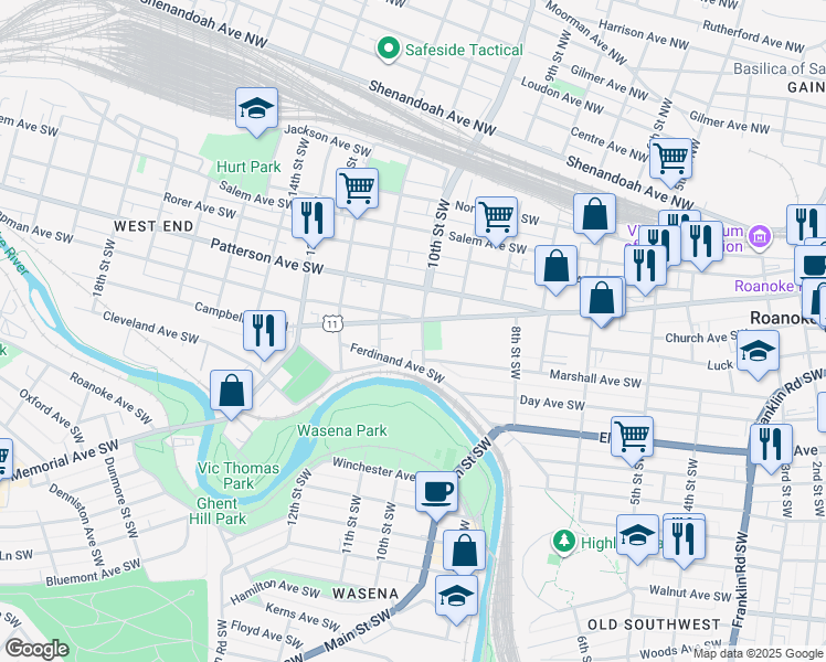 map of restaurants, bars, coffee shops, grocery stores, and more near 509 10th Street in Roanoke