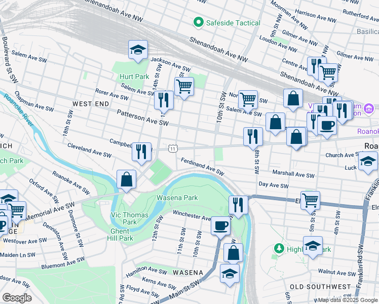 map of restaurants, bars, coffee shops, grocery stores, and more near 1034 Campbell Avenue Southwest in Roanoke
