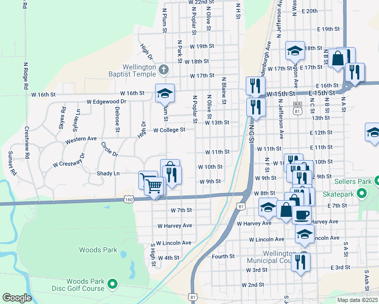 map of restaurants, bars, coffee shops, grocery stores, and more near 600 North Poplar Street in Wellington